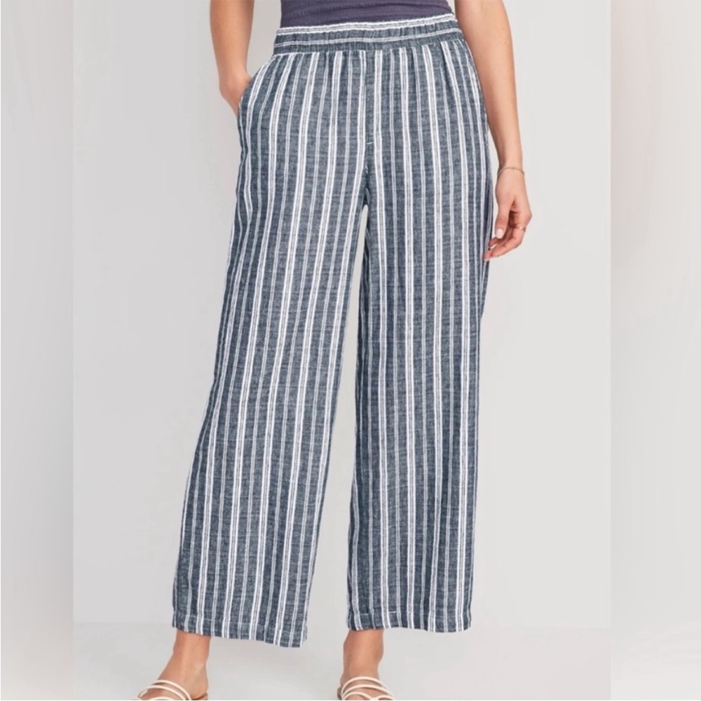 Old Navy Blue White Striped Linen Wide Leg Pants Size XL Womens Breathable Beach